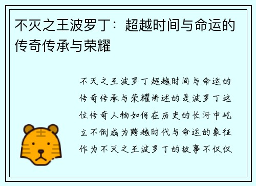 不灭之王波罗丁：超越时间与命运的传奇传承与荣耀